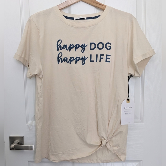 NWT Embroidered Cuffed Sleeves T Shirt WOMENS M/ L Happy Dog Happy Life Beige - Picture 4 of 13